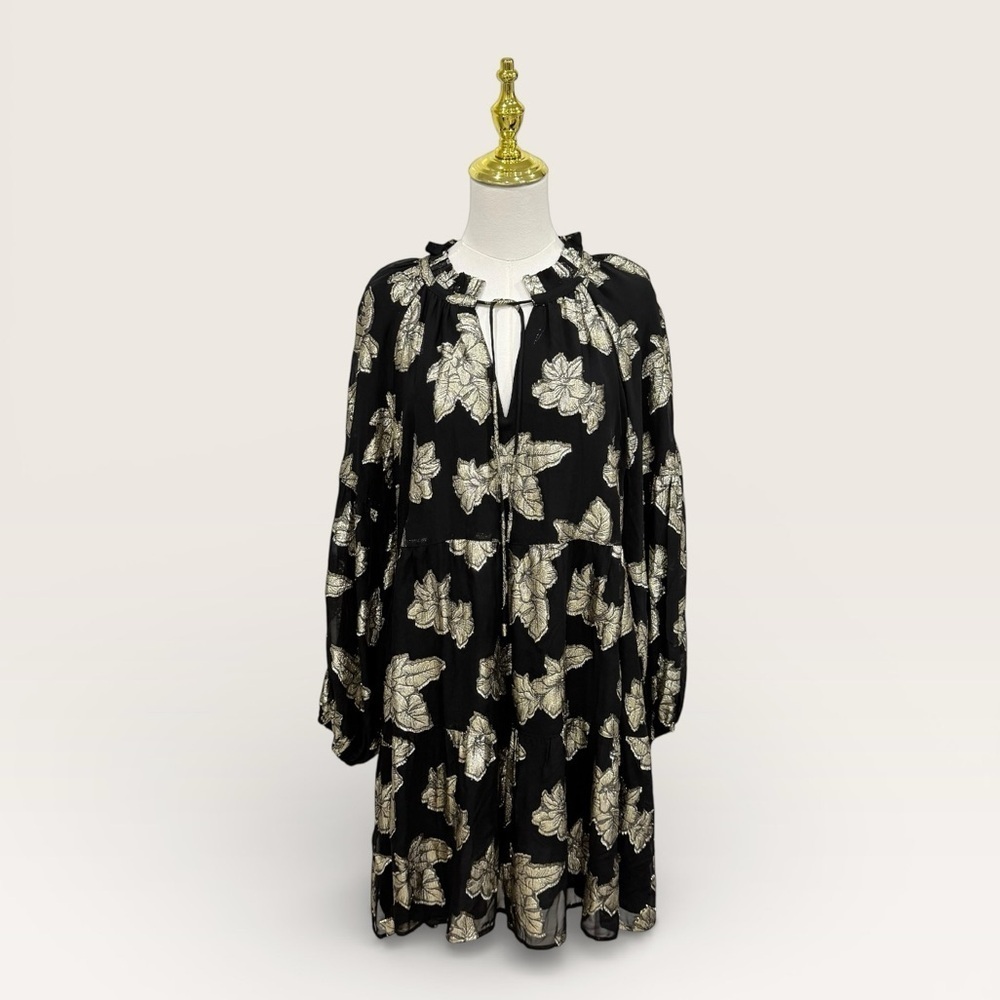 Tommy Bahama Shimmering Shores Long Sleeve Tiered Shift Dress Black Gold NWT - Picture 2 of 16